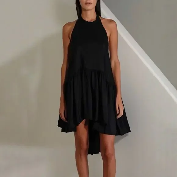 AZEEZA Winston Raw Silk Mini Dress Black High Low Halter Cocktail Party Size S
